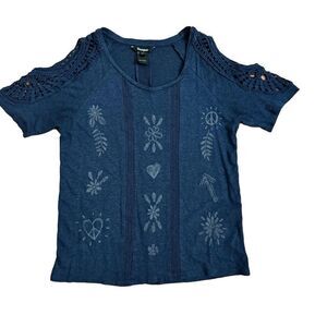 Desigual TS Sweet Summer Linen Blend Cold Shoulder Top Size Small Navy Blue
